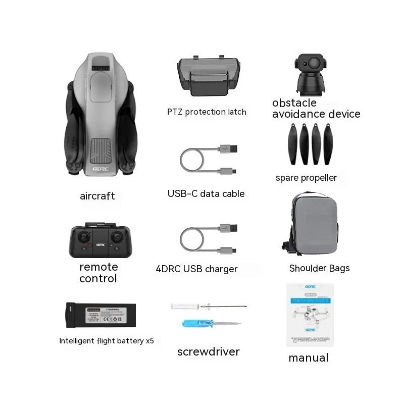 White folding quadcopter drone with camera showing obstacle avoidance sensors and brushless motors