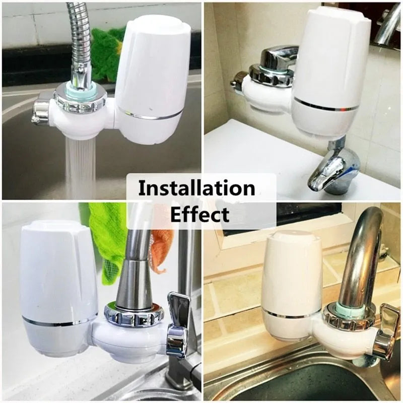 White kitchen tap water filter with ceramic cartridge and universal adapter fittings