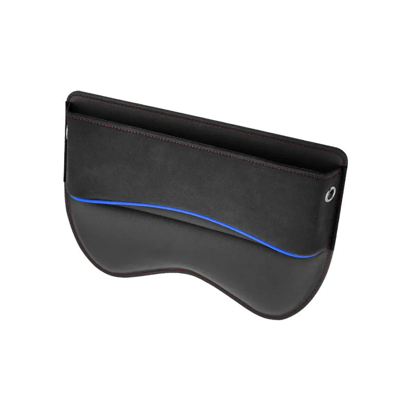 Leather car seat storage organiser box in beige colour on a car passenger seat.