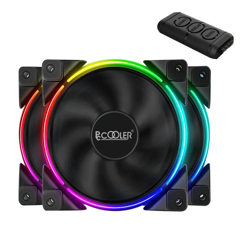 Three 120mm black PC chassis fans with RGB lighting, showing fan blades and hydraulic bearing construction