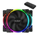 Three 120mm black PC chassis fans with RGB lighting, showing fan blades and hydraulic bearing construction