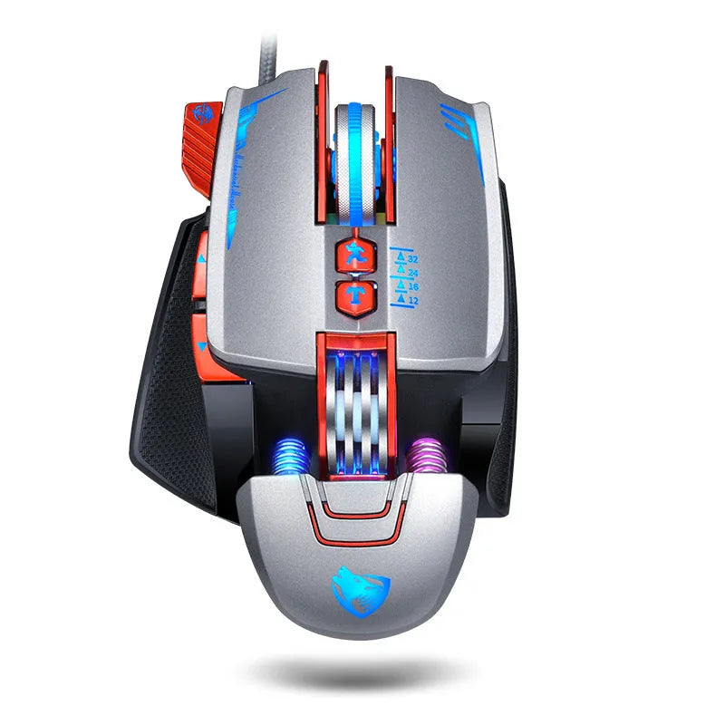 Thunder Wolf V9 wired gaming mouse in black or grey on a mousepad, showing its six buttons and ergonomic shape.