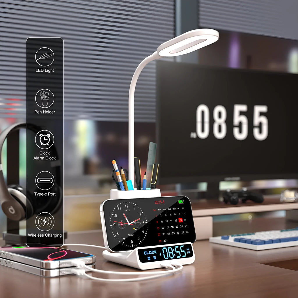 Modern wireless charging desk lamp with pen holder and storage box compartment