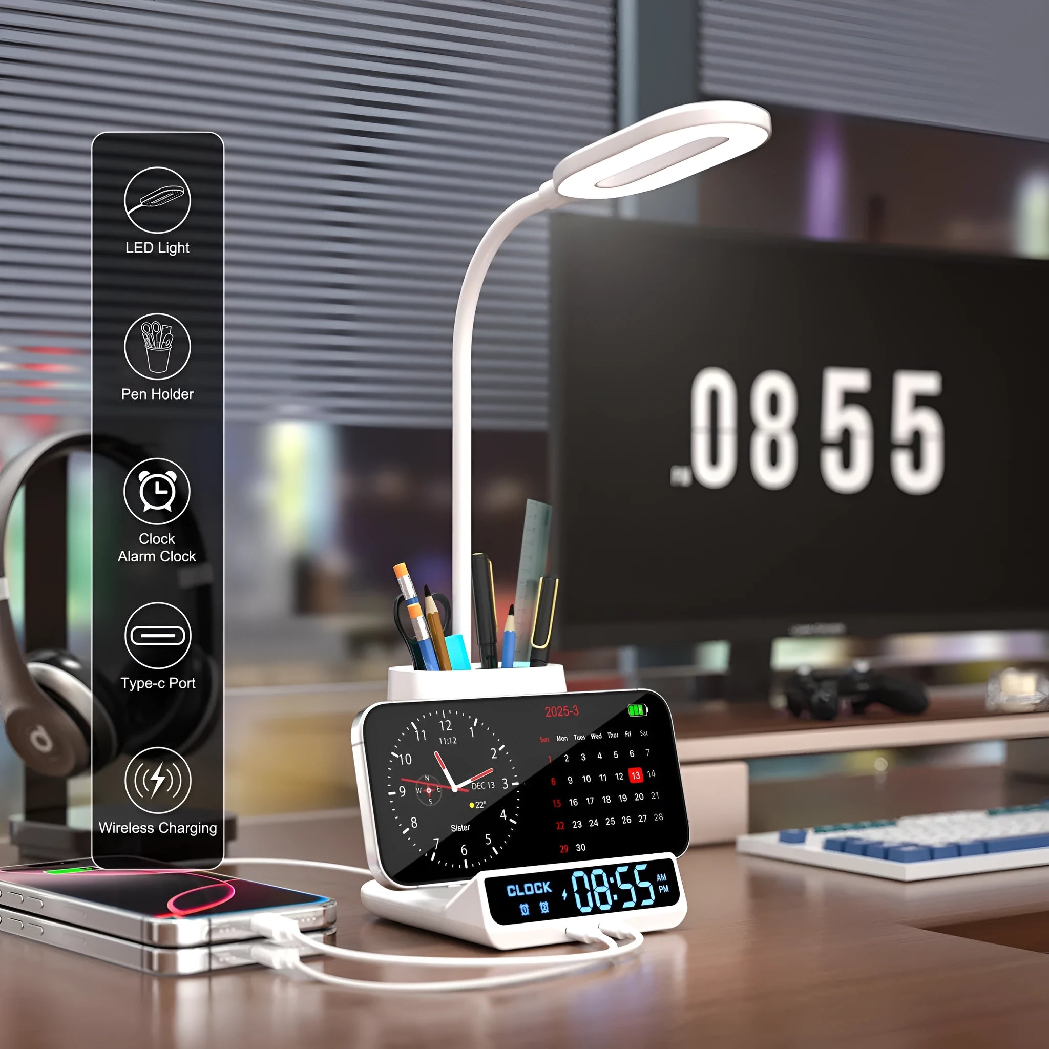 Modern wireless charging desk lamp with pen holder and storage box compartment
