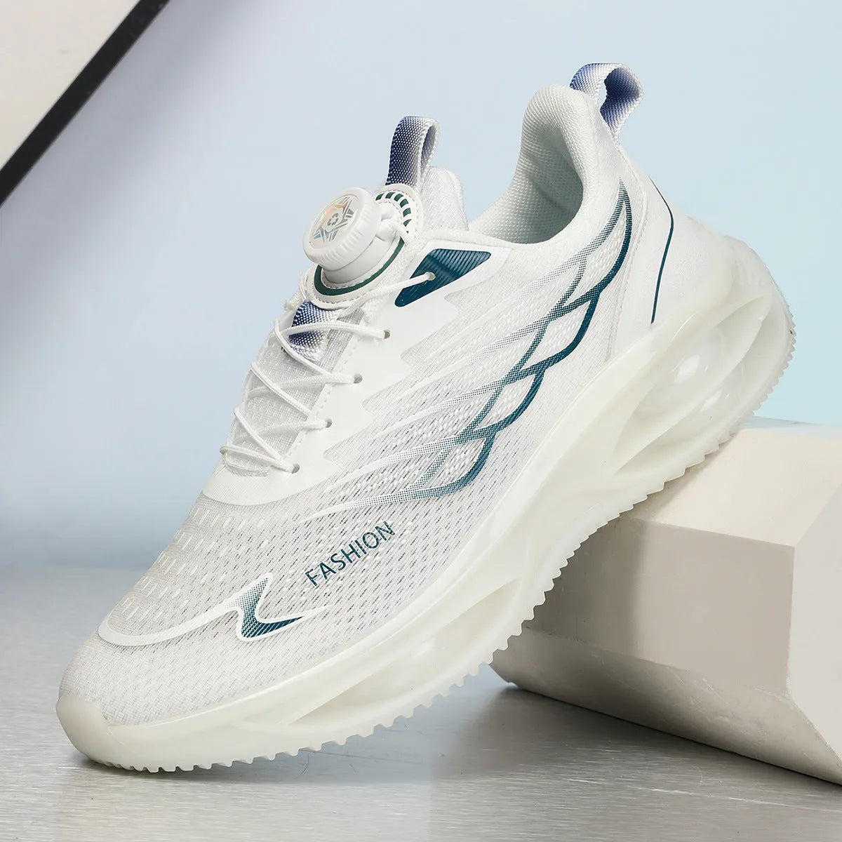 Breathable casual running shoes in sky blue, black gold or white with mesh upper and rubber sole