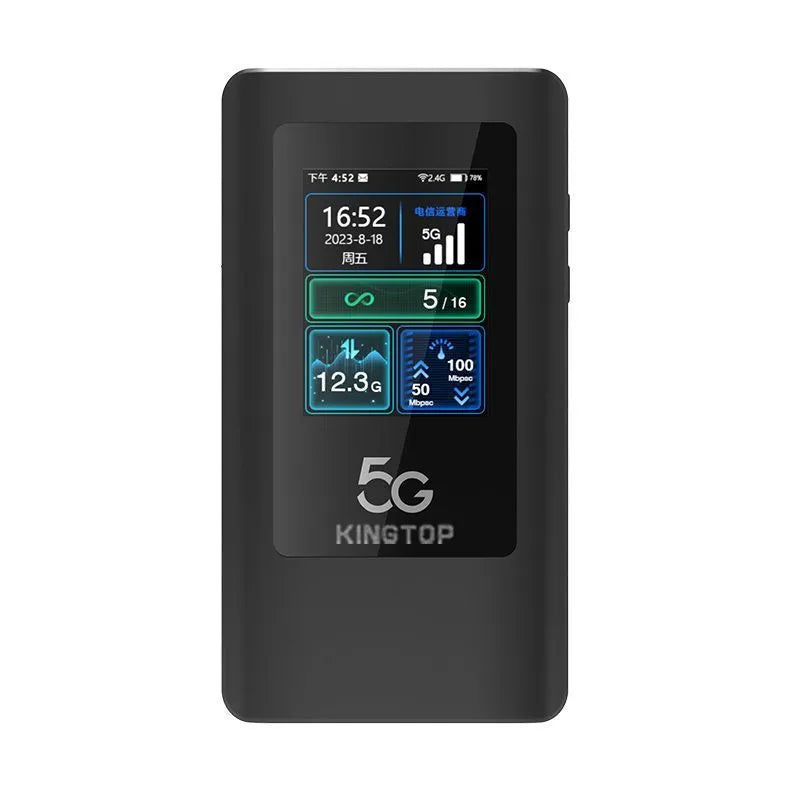 Black 5G portable Wi-Fi router with LCD screen and TYPE-C port on a white background
