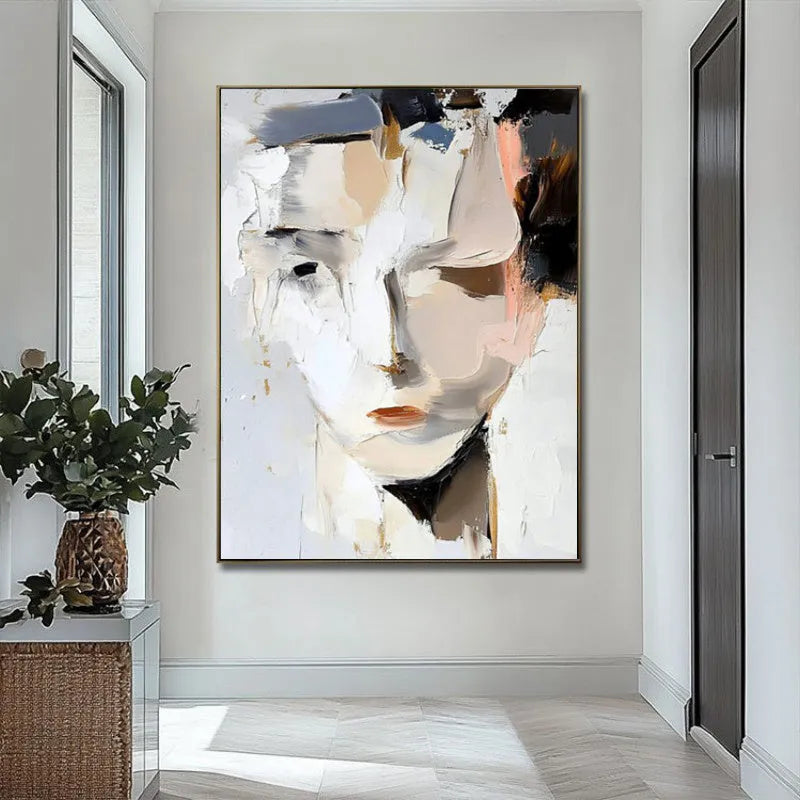 Abstract woman face hand-painted oil painting on canvas, modern black and white vertical wall art