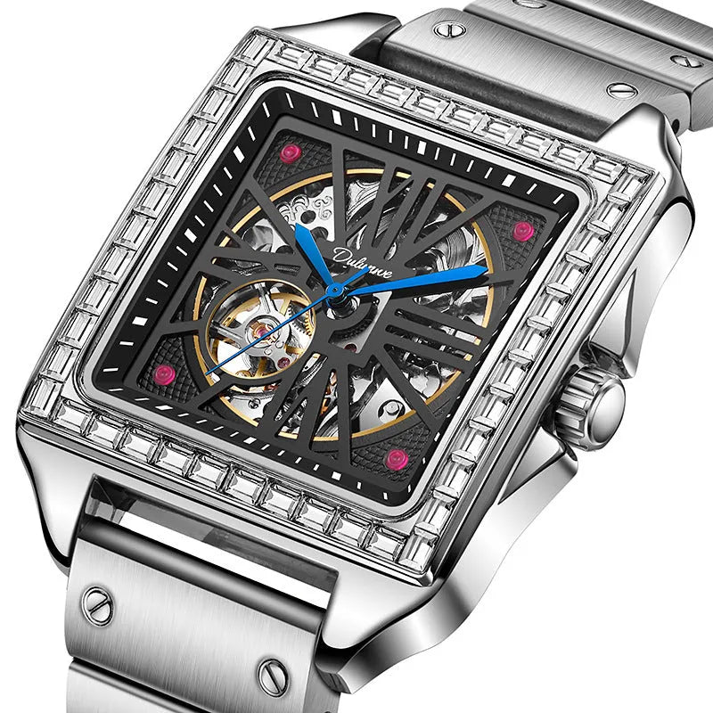 Men's square automatic watch with diamond-studded bezel on a black leather strap