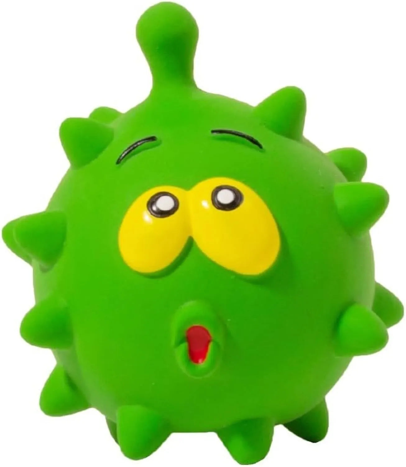 Set of four colourful latex squeaky dog balls with cute faces and textured surfaces.