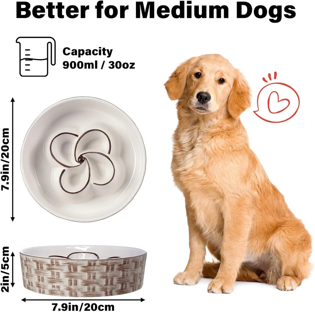 Ceramic slow feeder dog bowl for medium large dogs in blue non-slip anti-choking design
