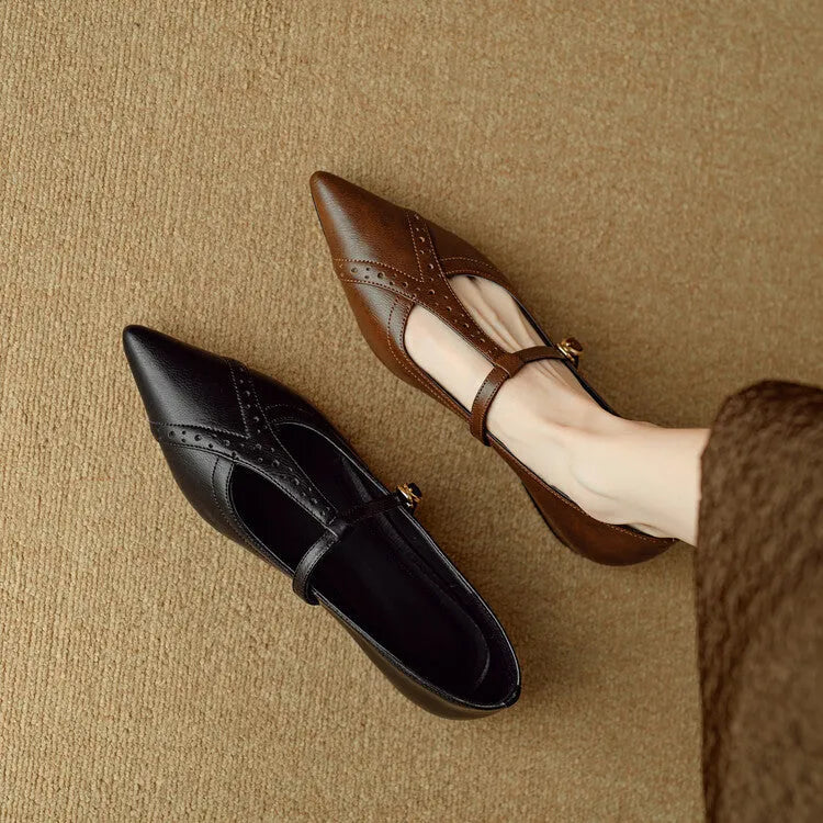 Women's brown cowhide leather low-cut flat shoes with round toe and mid heel