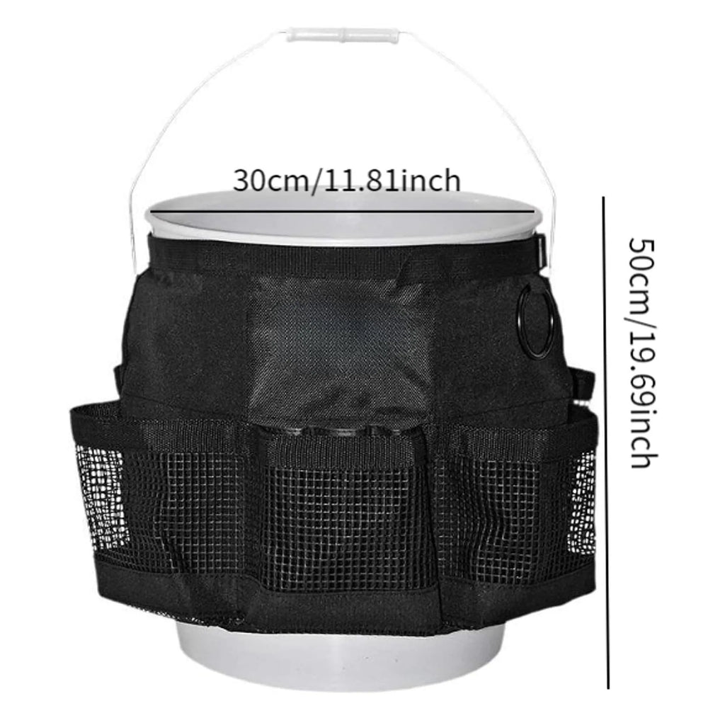 Black cylindrical hanging storage bag for 5 gallon barrels, car washing tools, and fishing tackle