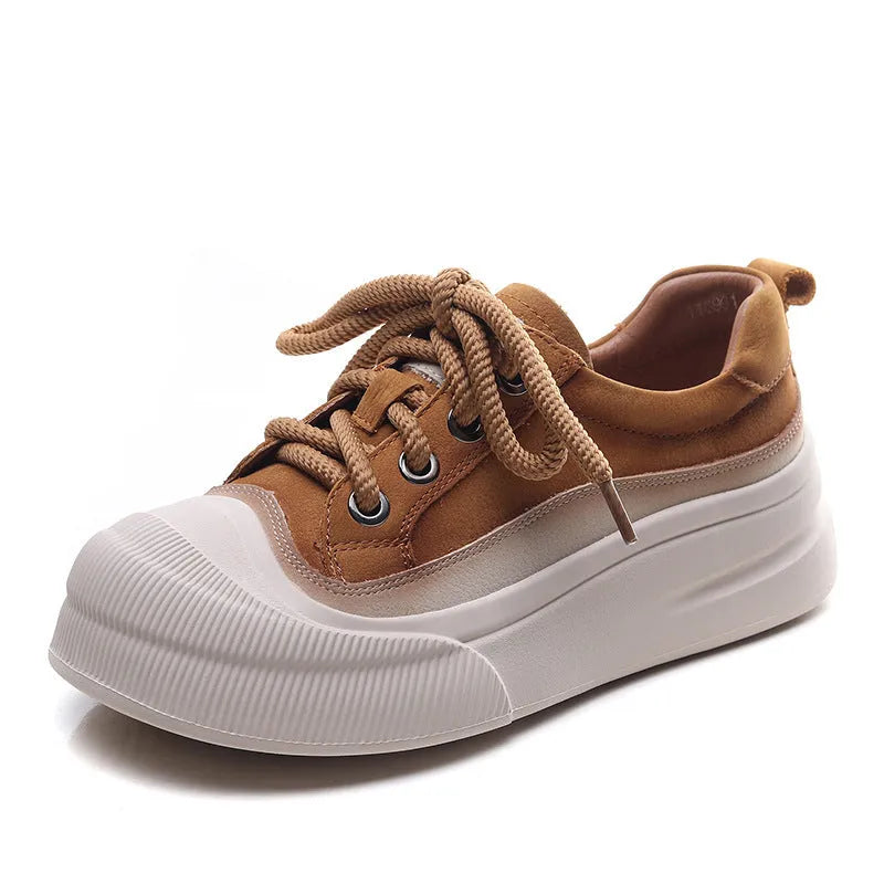Women's yellow full grain cow leather lace-up casual shoes with round toe