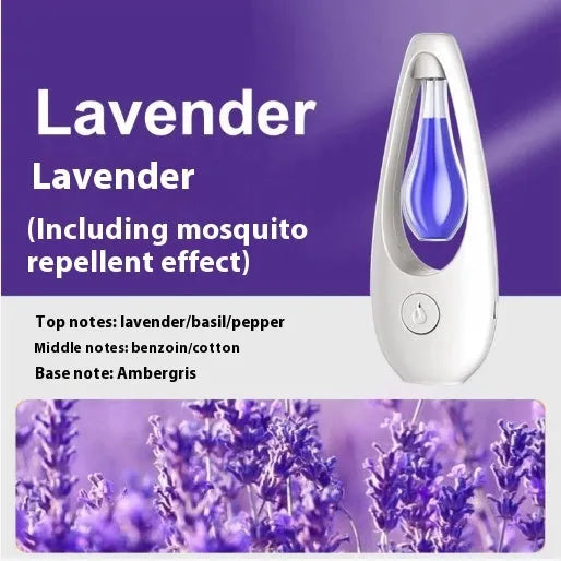 Ultrasonic aroma diffuser with mosquito repellent in a compact plastic design on a table, with essential oil bottle beside it