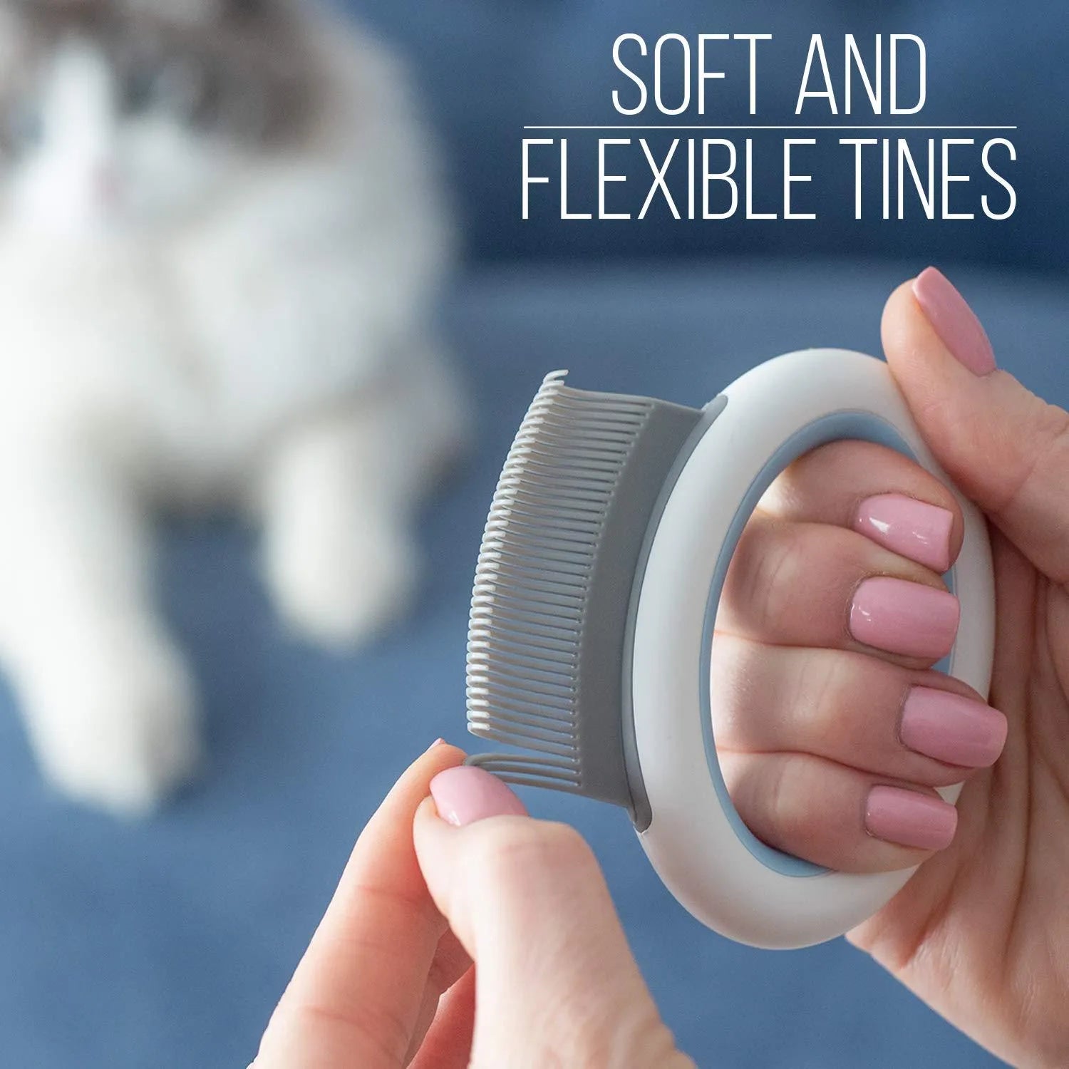Blue pet grooming comb with ergonomic handle for cat and dog deshedding