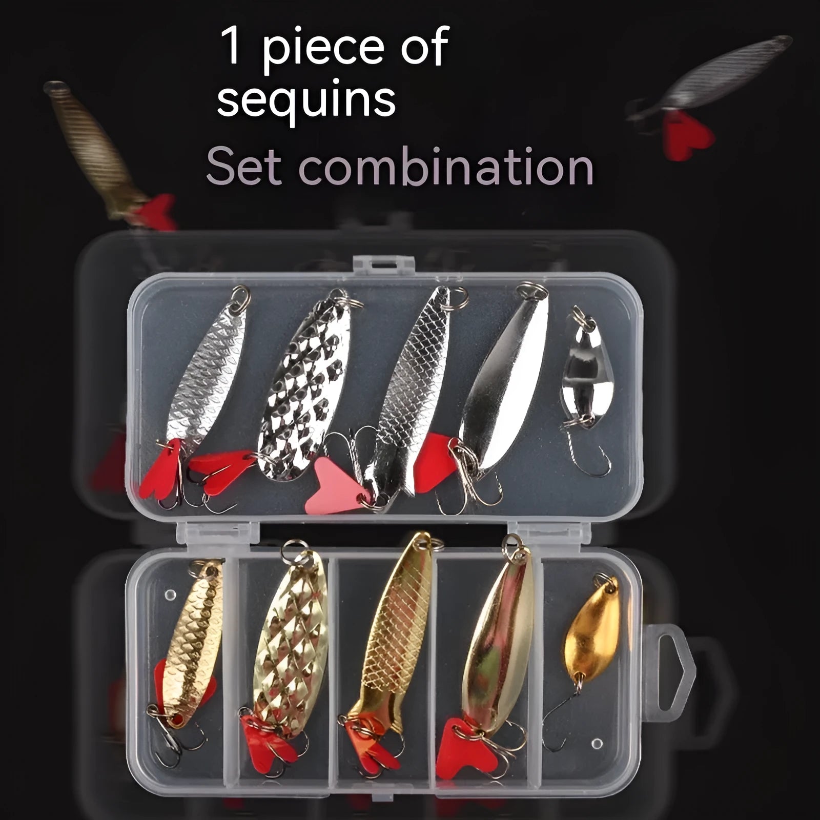 False bait lure pineapple box with metal sequins in gold and silver colours for fishing