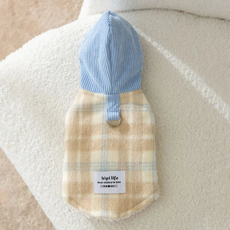 Blue corduroy dog hoodie vest with chessboard grid pattern and attached traction hood.