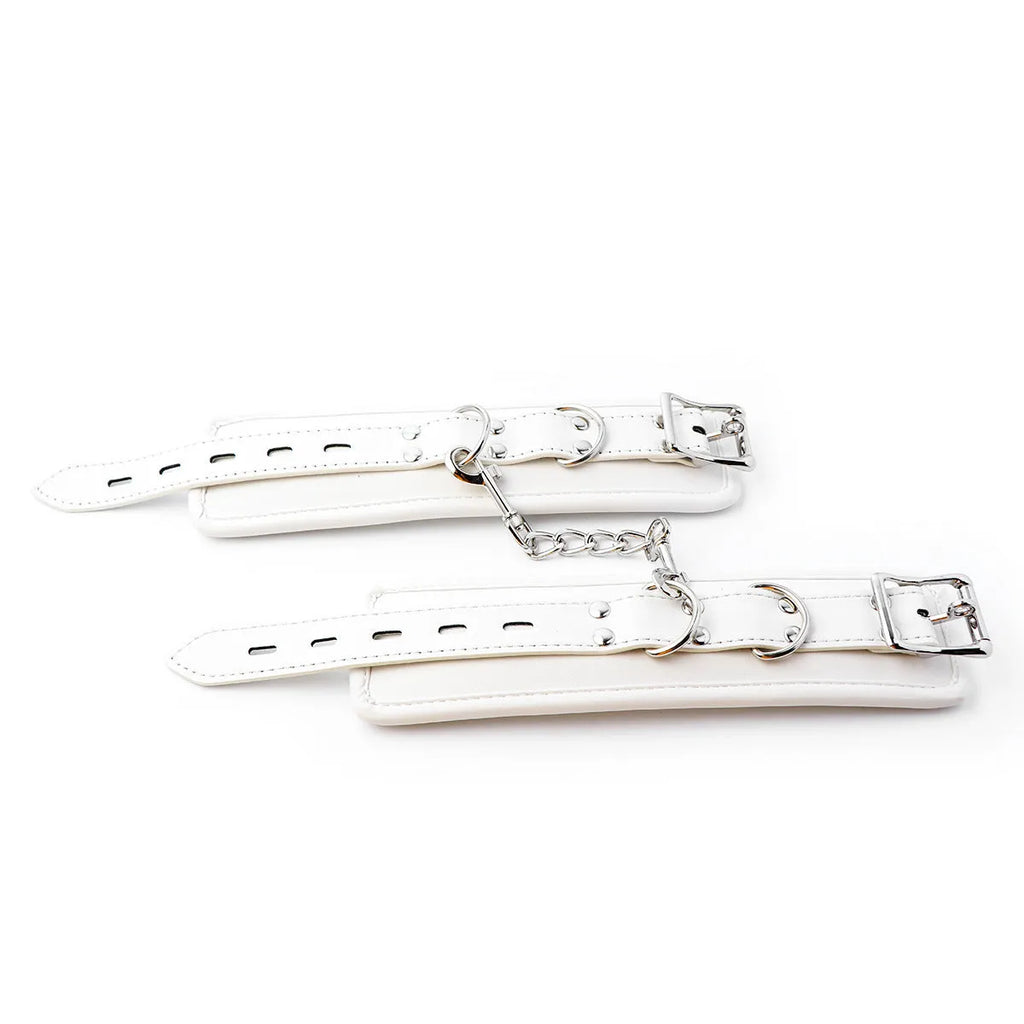 White PU sponge bondage set with handcuffs, foot cuffs and neck cuff for BDSM play