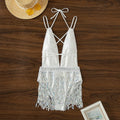 White deep V neck one-piece swimsuit with tassel detail and brief style