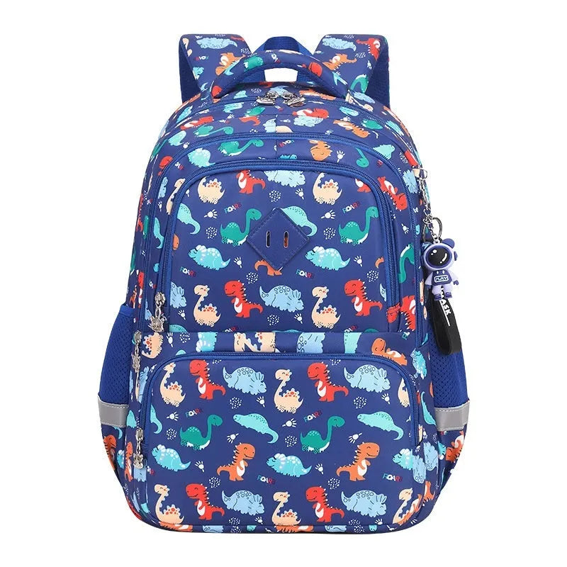 Children's waterproof Oxford cloth school backpack in a choice of dinosaur, rainbow, starry sky, and geometric designs.