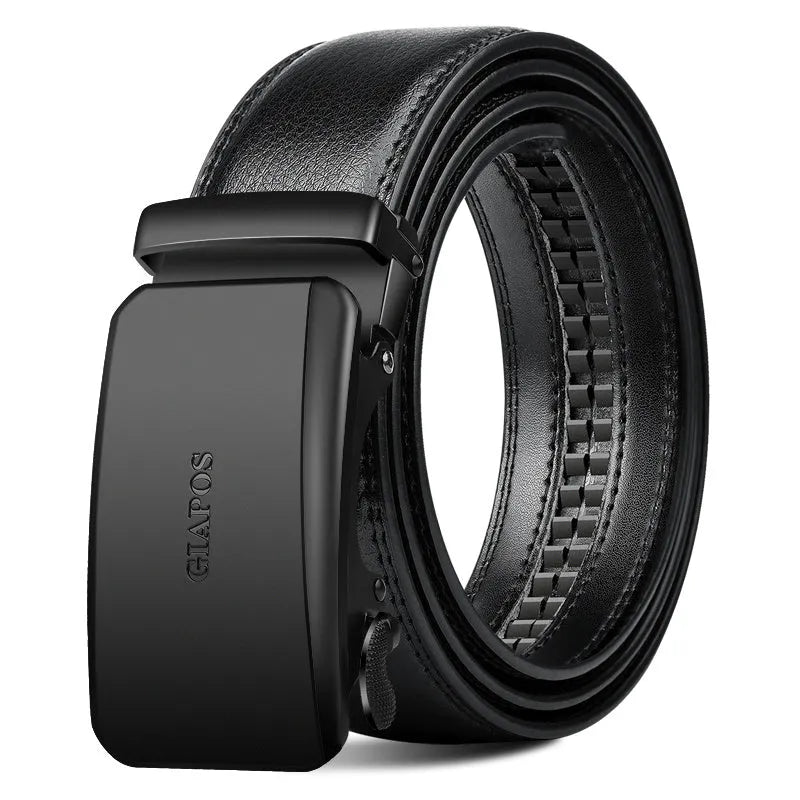Men's automatic buckle real leather belt in black colour shown on a plain background.