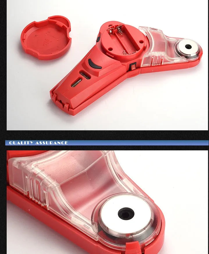 Red handheld portable woodworking laser level with punching positioning function on a workbench.