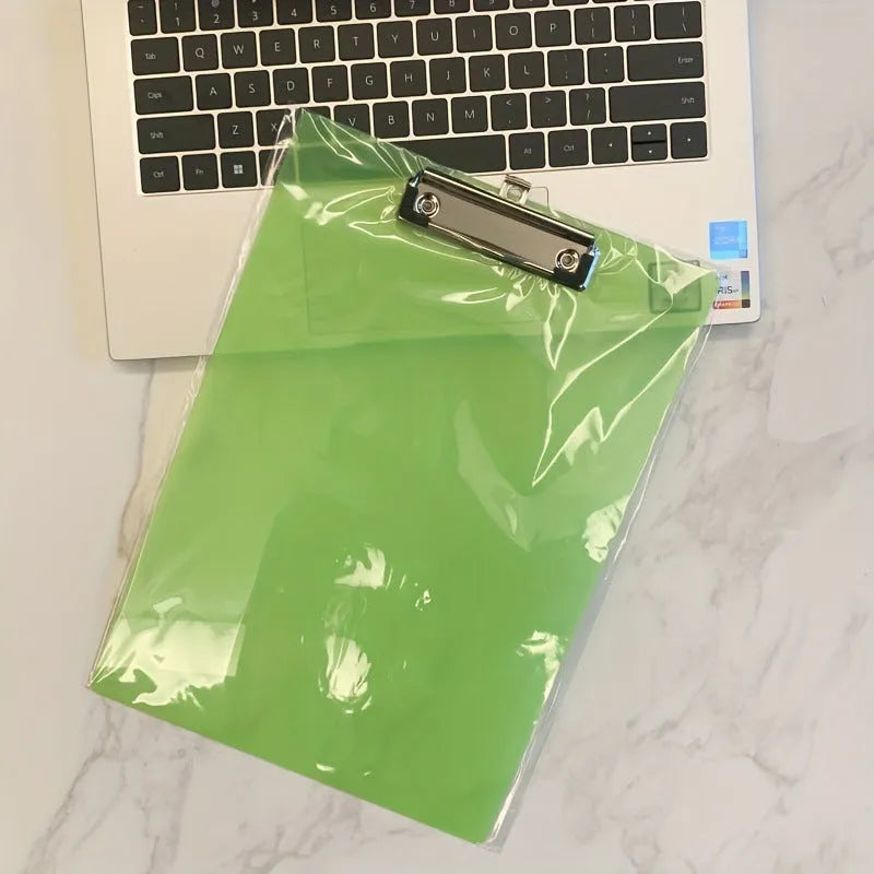 Transparent A4 writing board with metal clip holding papers, available in multiple colours
