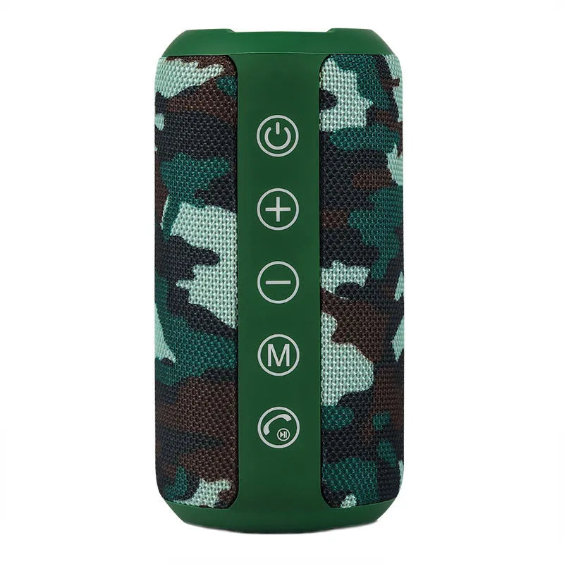 Outdoor waterproof portable Bluetooth speaker in black, camouflage, grey, or red colour options.