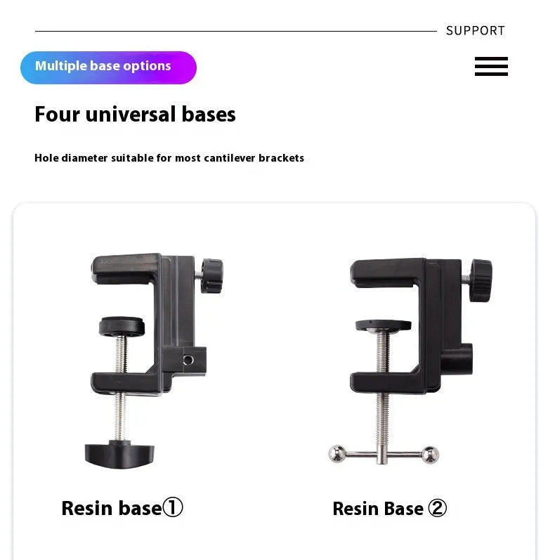 Black foldable metal cantilever bracket holding a tablet on a desktop