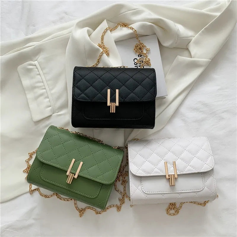Women's diamond lattice chain crossbody bag in black, green or white with adjustable strap