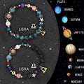 Natural stone zodiac bracelet set showing twelve individual astrology sign bracelets with beaded construction
