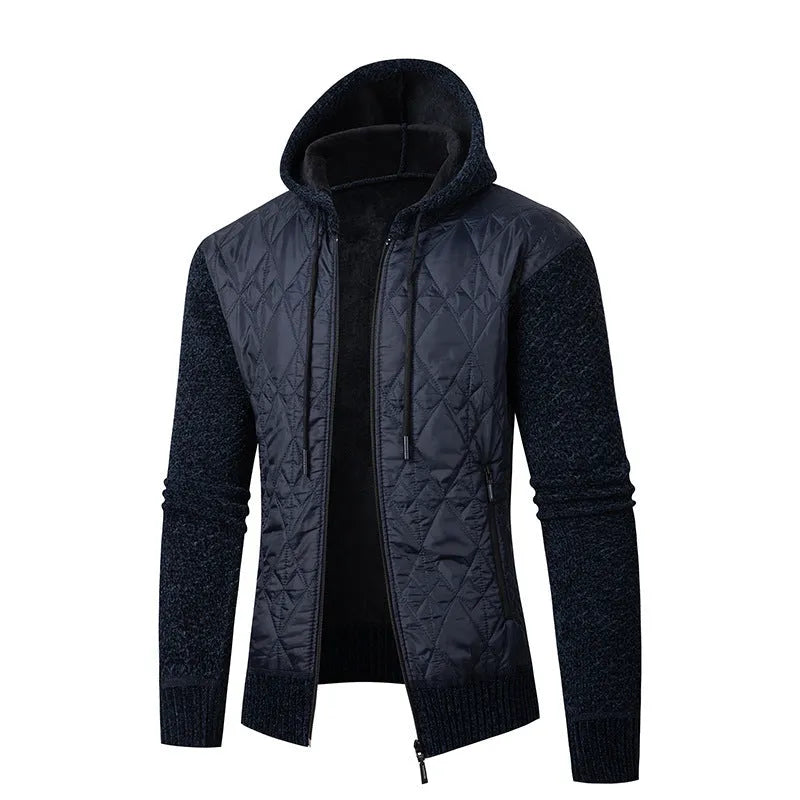 Man wearing a gray hooded wool corduroy cardigan coat with a cinched waist