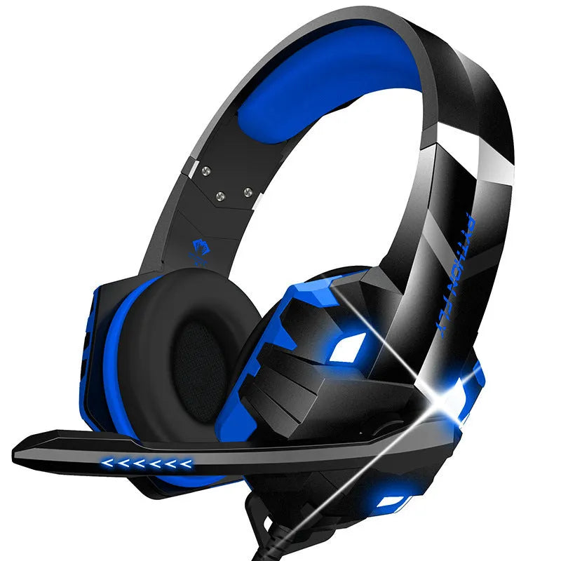 Wired gaming headset with microphone and LED breathing light in blue, pink, red, or white.
