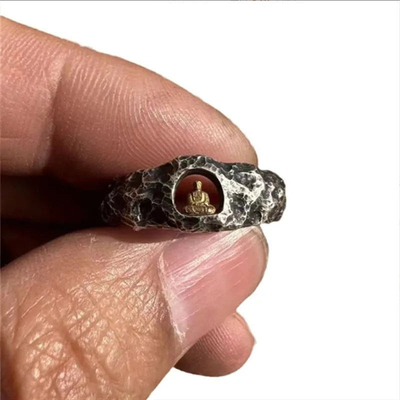 Hand-forged copper grotto Buddha ring with rock texture surface in size 8