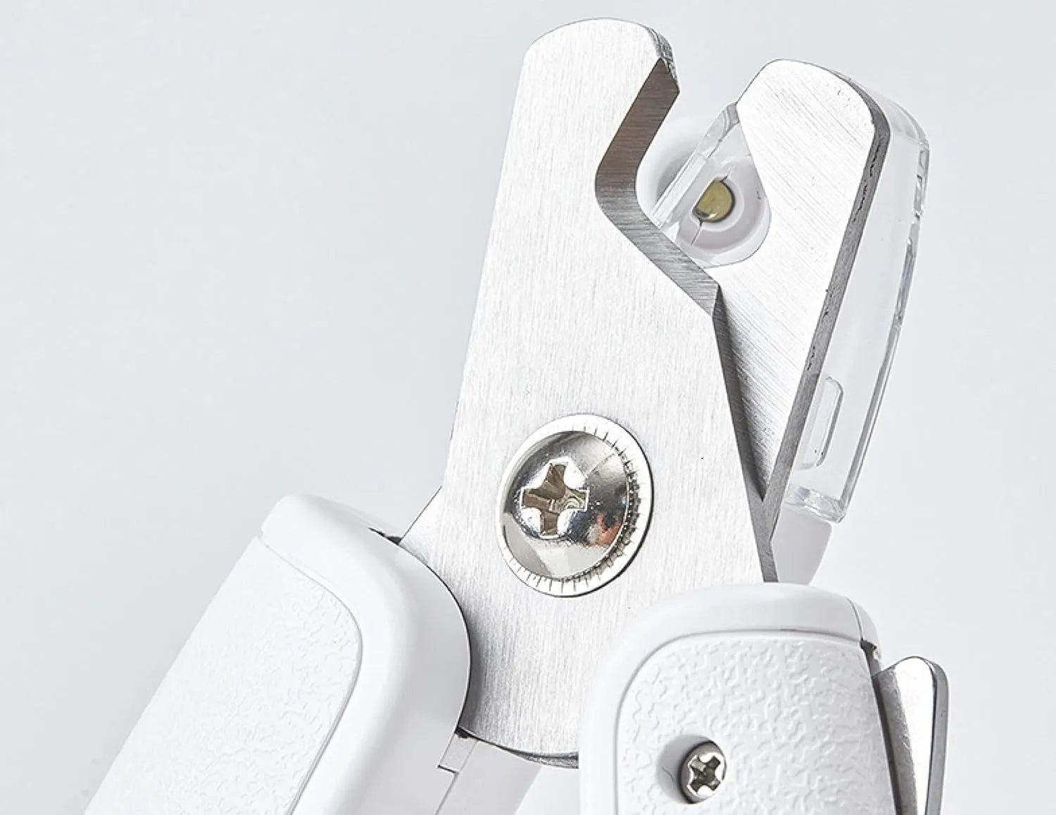 White LED pet nail clippers with transparent guard and triangular steel blade for dogs and cats