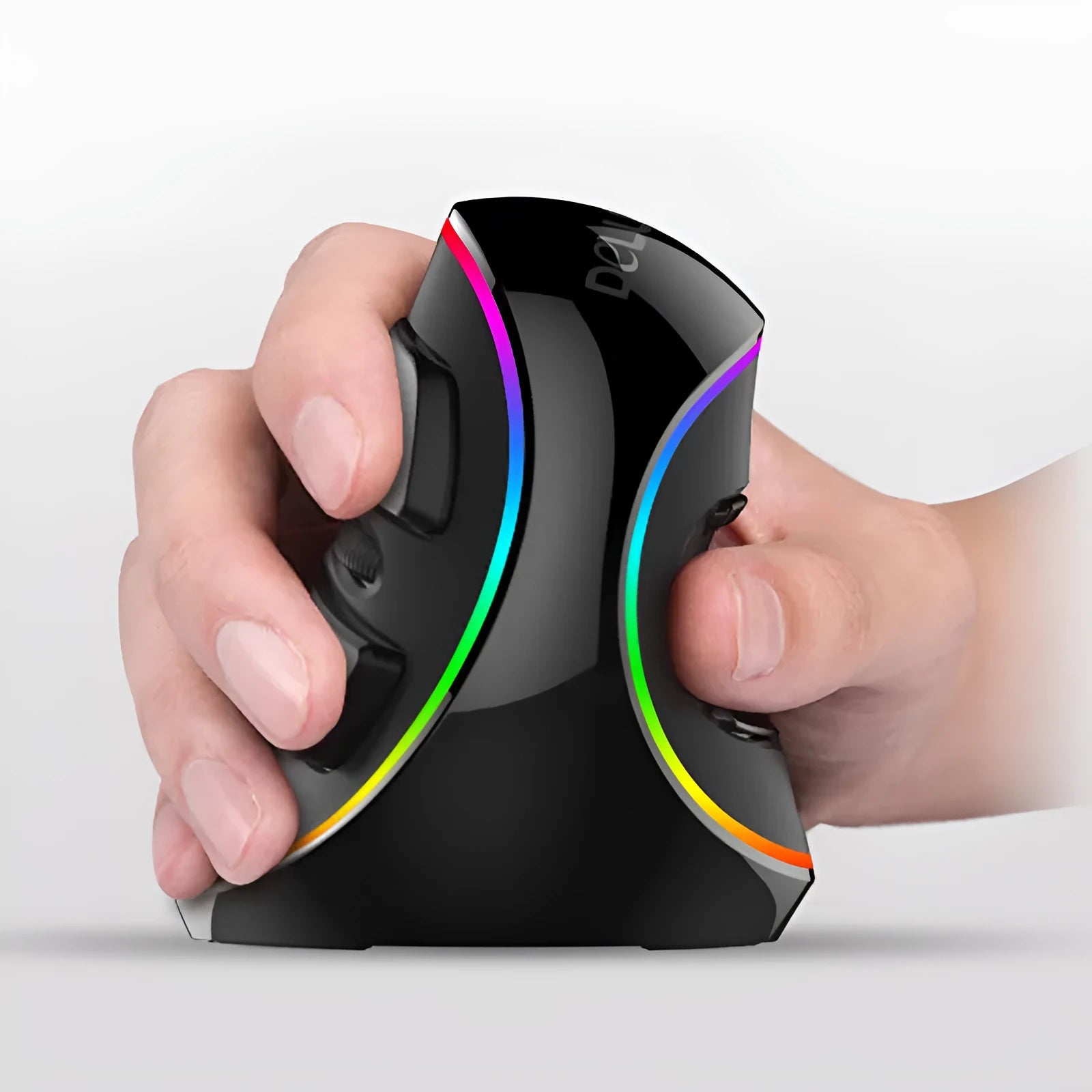 Vertical ergonomic wired computer mouse with RGB lighting, shown in a handshake-style grip.