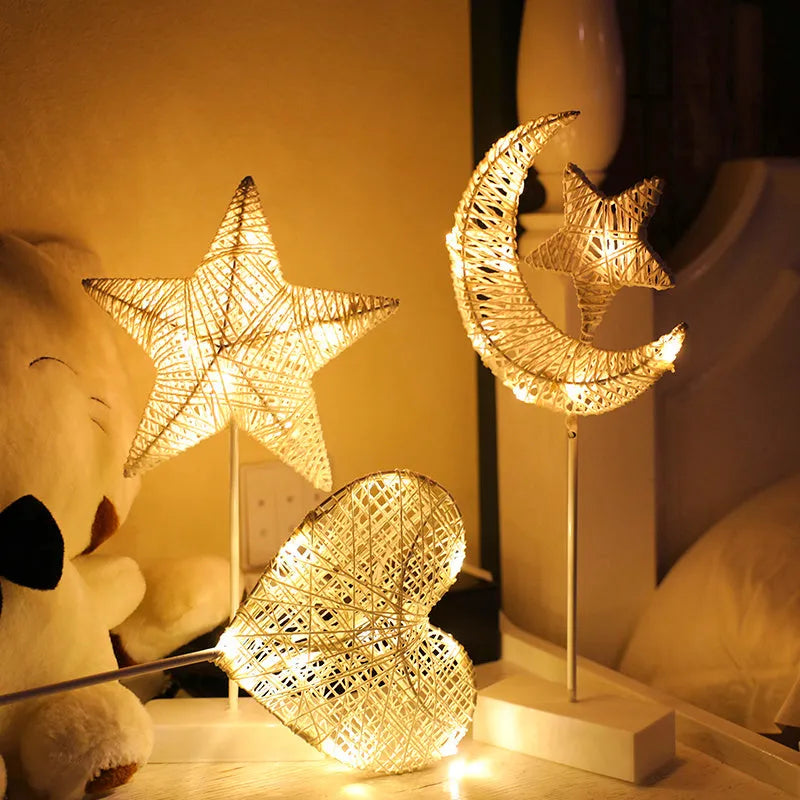 Rattan LED decorative light in star, heart or moon design with copper wire accents