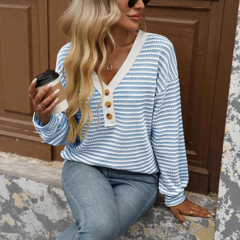 Women's loose-fitting V-neck patchwork pullover top in polyester fabric with long sleeves