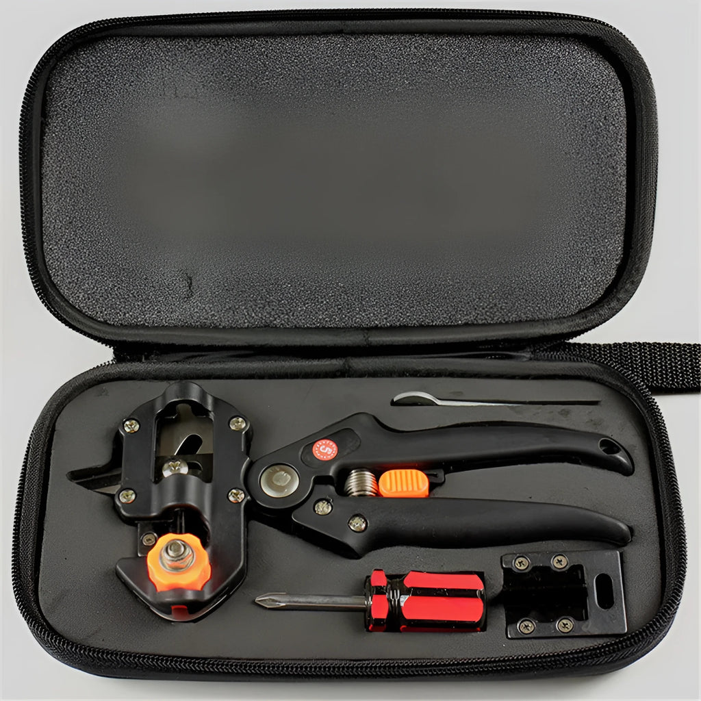 Handheld grafting scissors with black ABS handle and high carbon steel blade cutting a branch