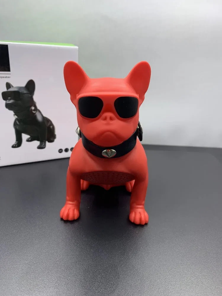 Mini bulldog-shaped Bluetooth speaker in black, red, or white colour with wireless audio connectivity