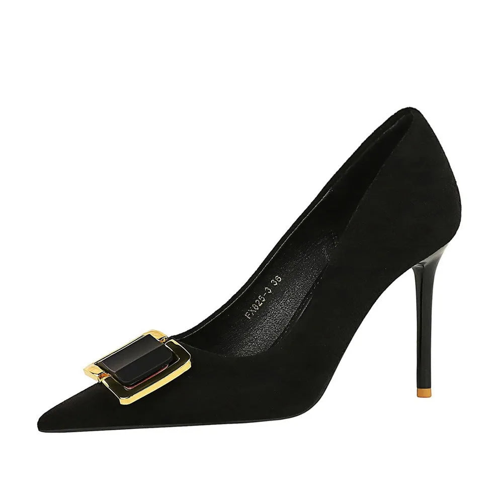 Black suede women's stiletto high heel shoes with a pointed toe and 9cm heel on a white background.