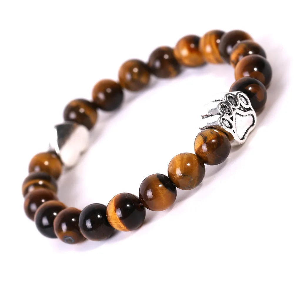 Tigereye stone bracelet with geometric dog's paw charm and heart charm in beaded construction