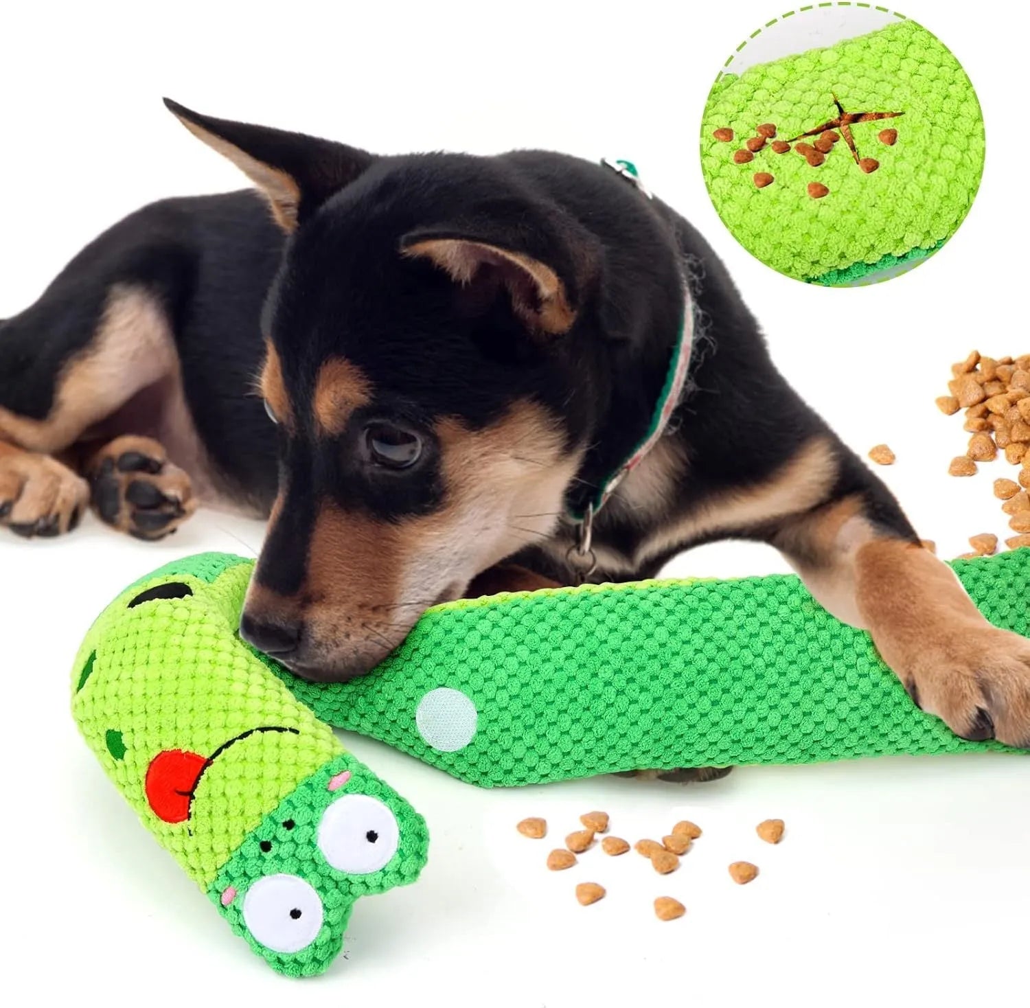 Squeak dog puzzle toy in frog, snail, or snake design with foraging holes