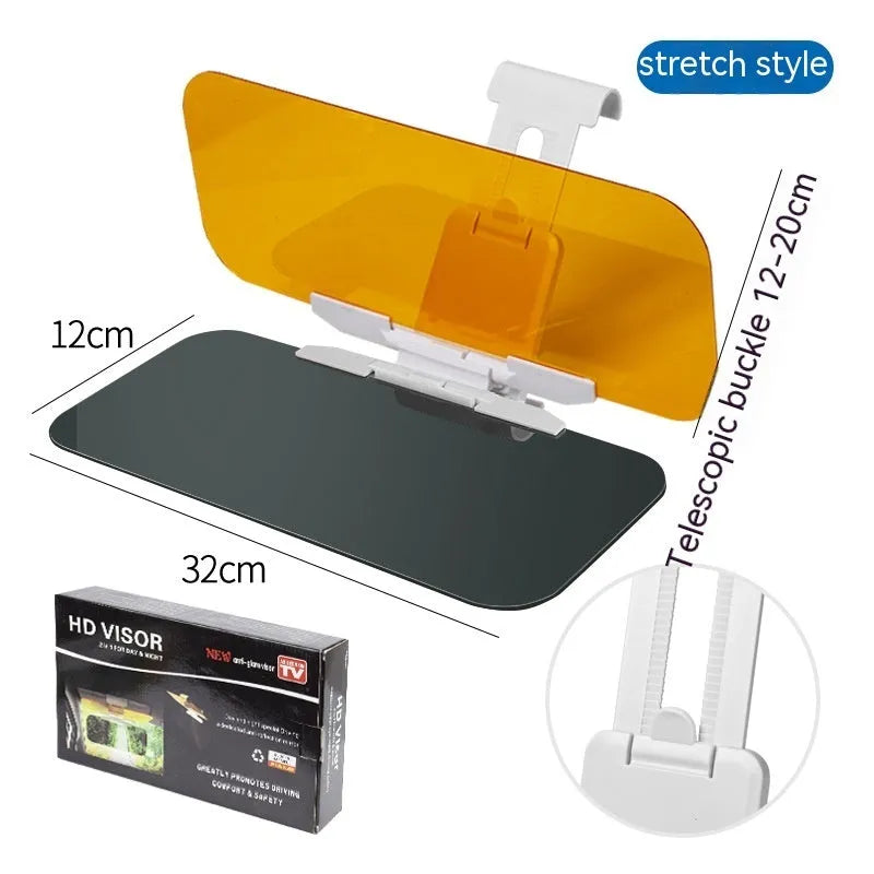 Universal anti-high beam car sun visor with acrylic lens shown in colour box packaging.