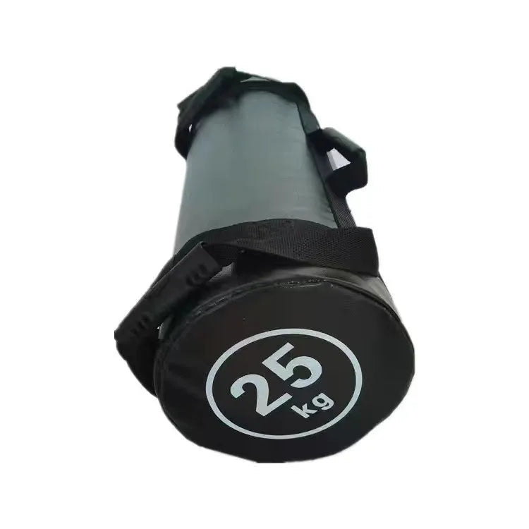 Flat white PVC fitness training sandbag with weight options from 5kg to 30kg for strength workouts