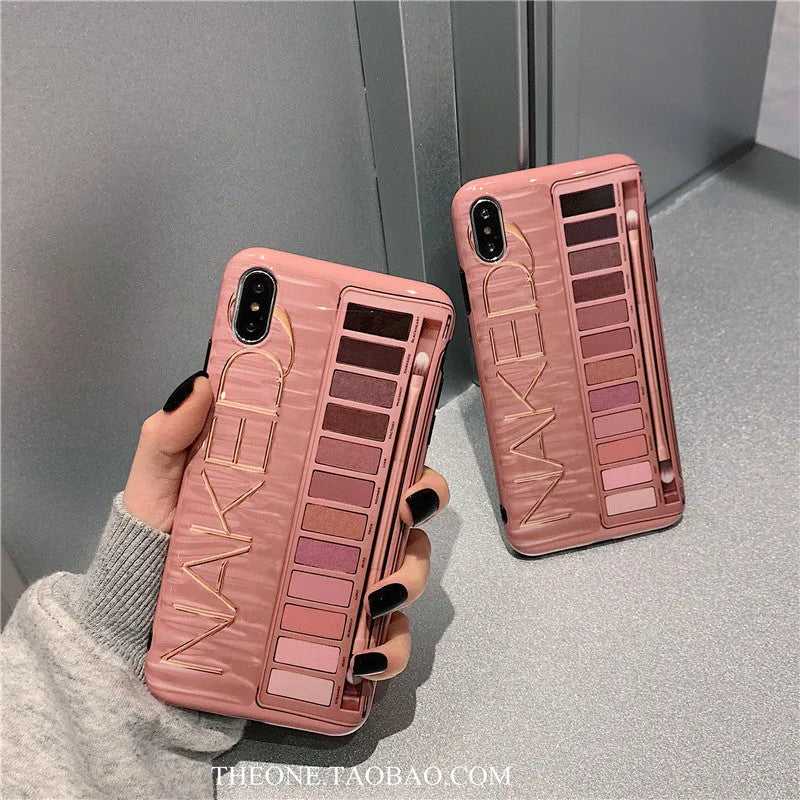 Silicone phone case with eye shadow design for iPhone, shown in flesh and grey colours.