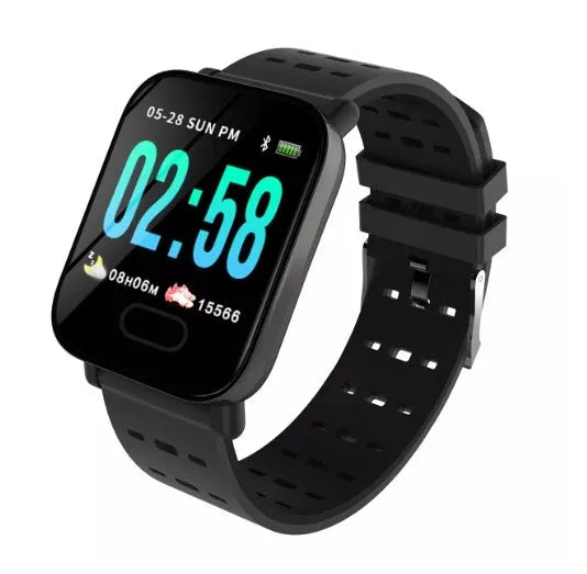 A6 smart bracelet with colour screen and black silicone strap on a wrist