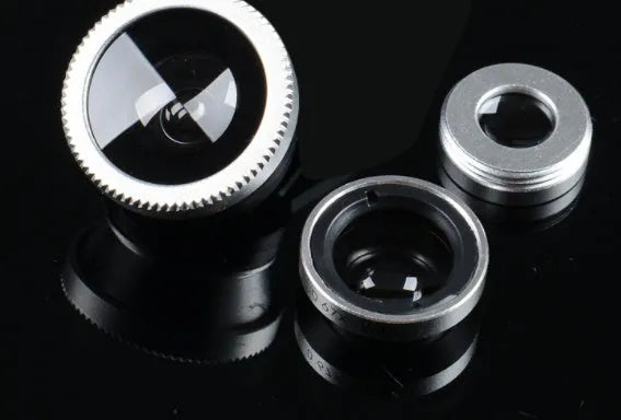 Three-in-one clip-on mobile phone fisheye lens kit with wide-angle and macro lenses, available in multiple colours
