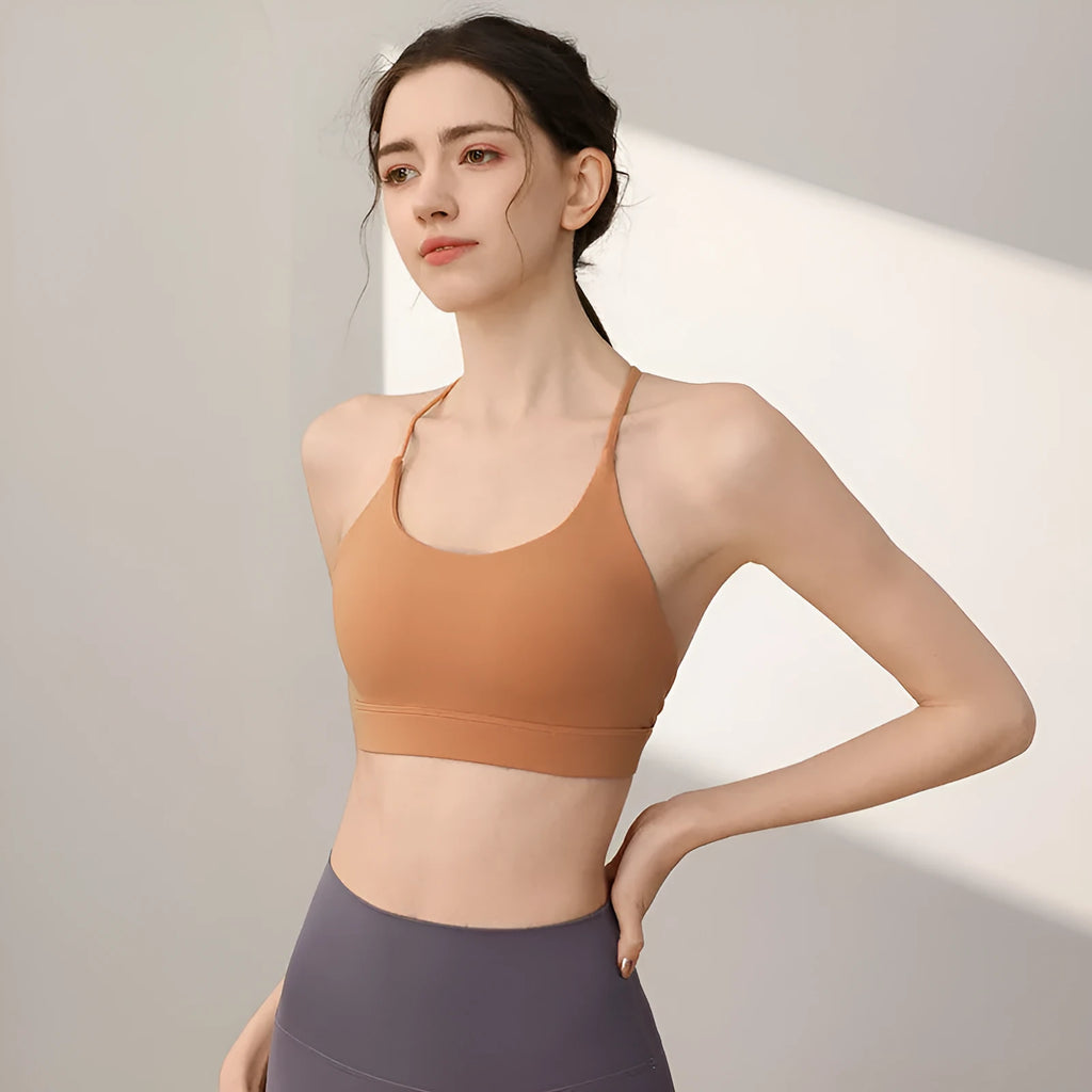 Women's nylon sports vest in sunshine desert colour with fixed double shoulder straps for running and yoga.