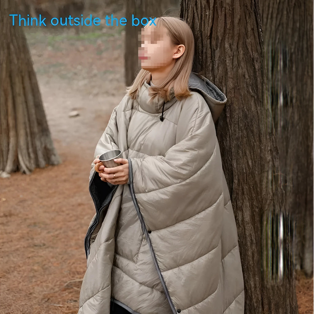Army Green wearable cloak sleeping bag laid flat showing 200x140cm size and cape hood.